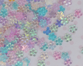 6mm Tiny Mix Pastel Pink Blue Green Purple Iridescent Kawaii Sakura Blossom Flower Flatback Resin Nail Charm Decoden Cabochon - 50 piece set