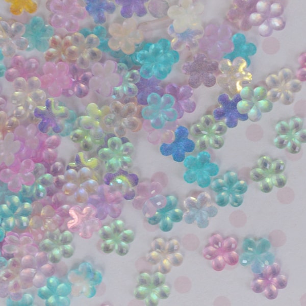 6mm Tiny Mix Pastel Pink Blue Green Purple Iridescent Kawaii Sakura Blossom Flower Flatback Resin Nail Charm Decoden Cabochon - 50 piece set