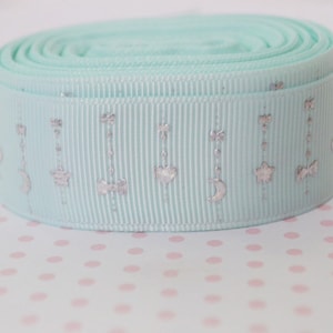 1 "Kawaii Pastel Mint Blue Grosgrain Ribbon Heart Star Moon Bow Holografische Zilver Print Decoden Jewelry Art Supplies - 5 yards