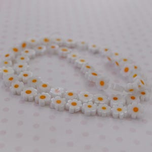 8mm White and Yellow Daisy Lampwork Glass Kawaii Flower Beads - set of 49 +/-