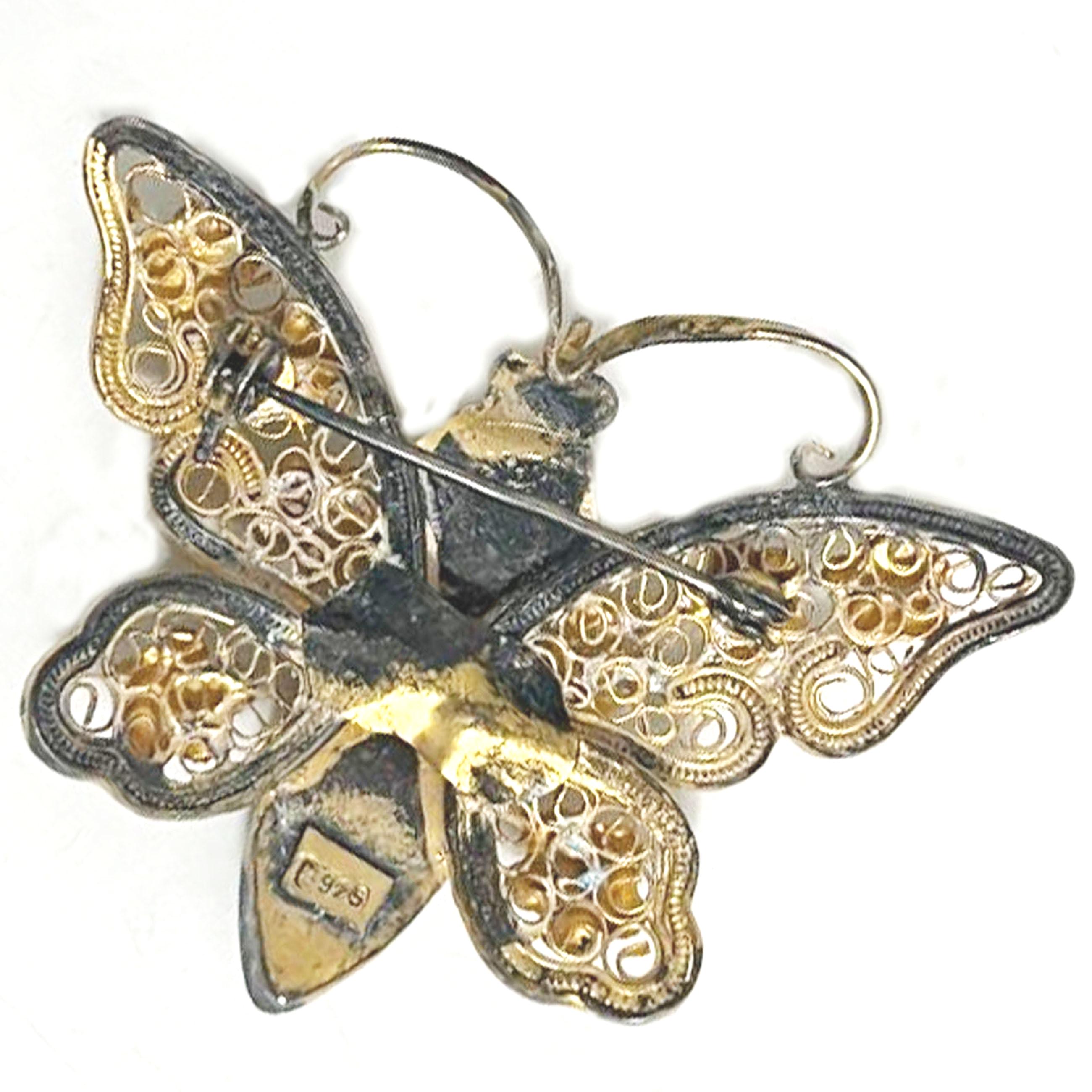 Lot De 2 Broches Papillons Anciennes En Argent Filigrané – Occasion, état Nettoyé