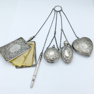 Antique Sterling Silver Chatelaine w Perfume Patch Box Notepad Pencil & locket
