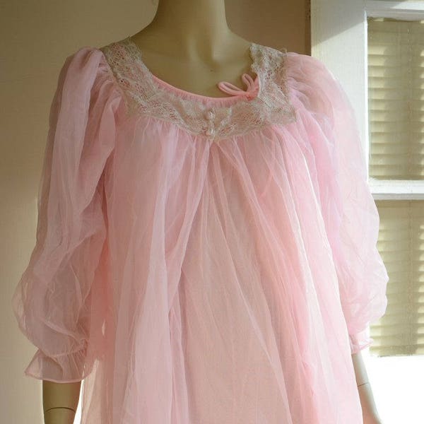 Vintage 1960's 2 pc Pink Nylon Chiffon Peignoir Set Nightgown & Robe