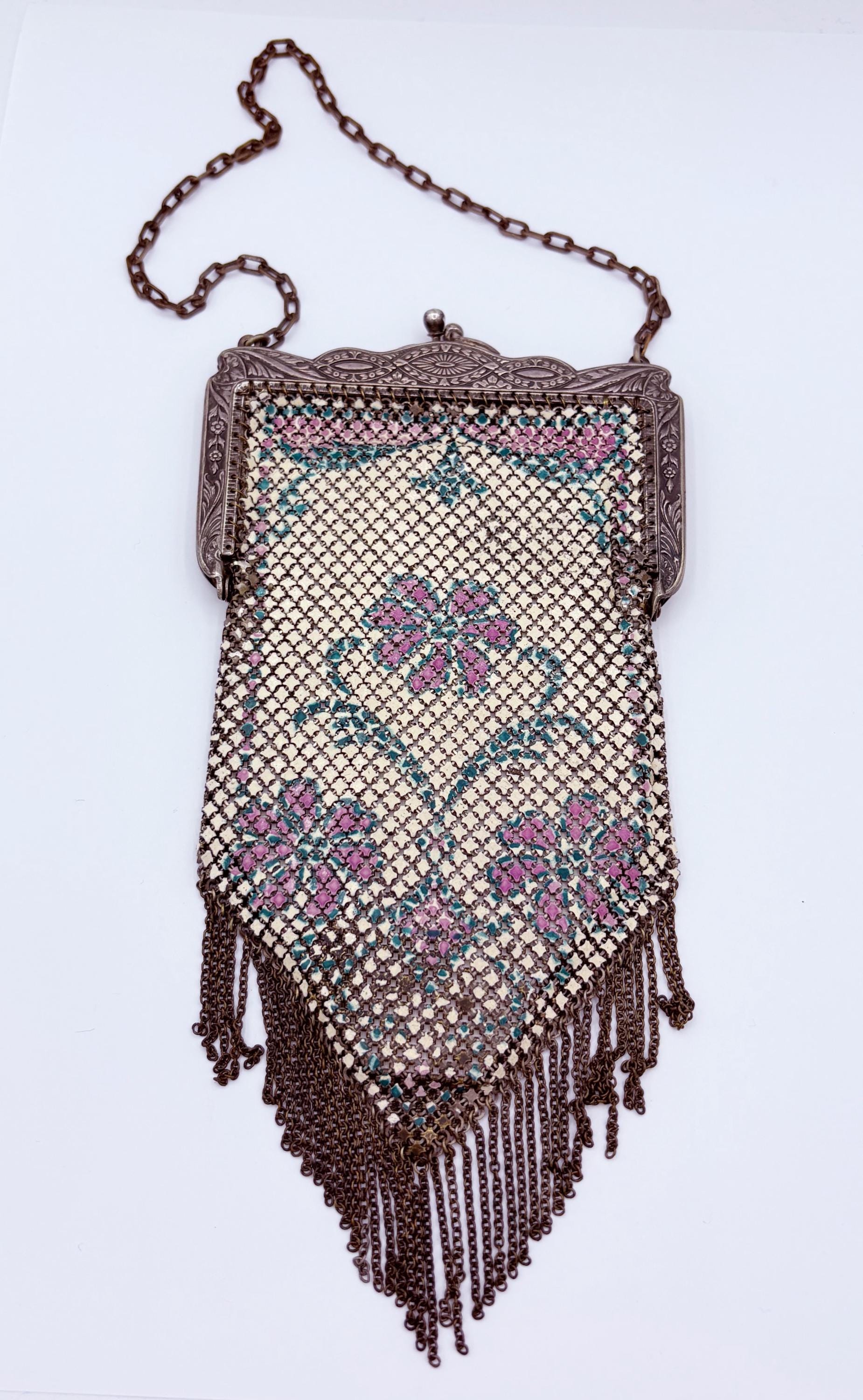 Antique Art Deco Purple Flower Enamel Mesh Purse w/ Ornate Silver-Tone Frame