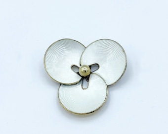 Vintage Sterling Silver Hans Myhre White Guilloche Enamel Flower Pin