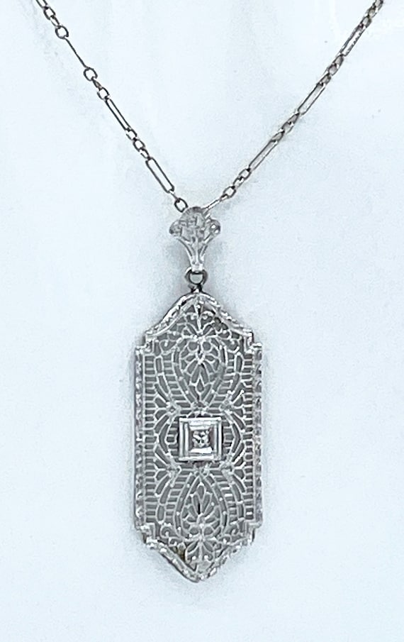 Antique 10k White Gold & Diamond Filigree Necklace