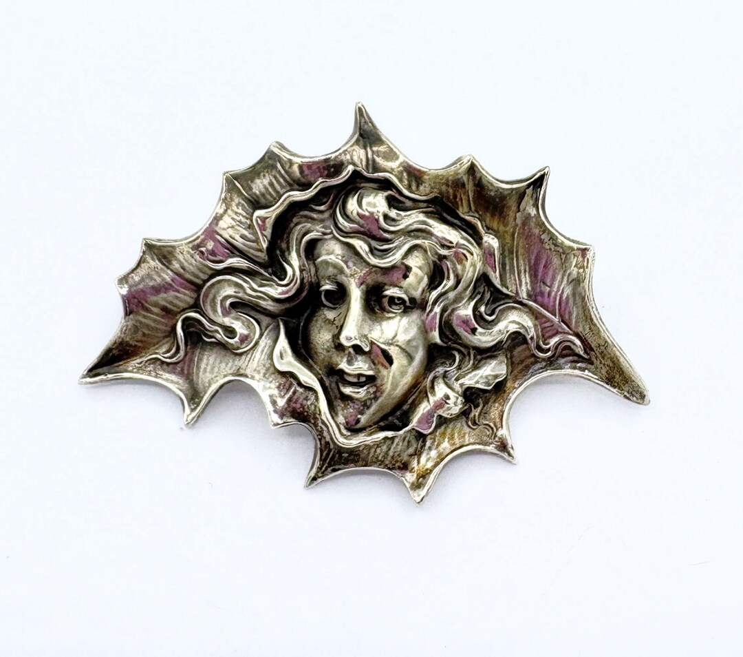 Antique Art Nouveau Unger Brothers Sterling Silver Pin W/ Smiling Woman ...