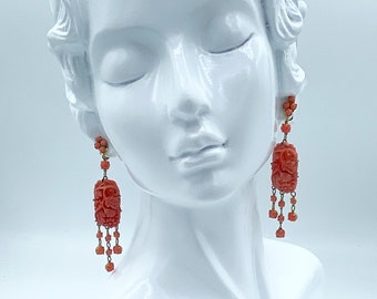 Antique 1920s Art Deco Faux Coral Chandelier Drop Earrings Screw-Backs