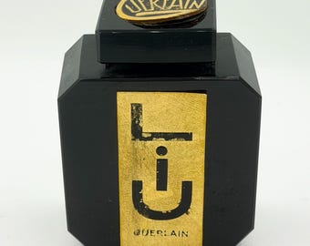 Vintage Art Deco Black Glass w/ Gold Foil Labels Guerlain Lui Perfume Bottle 3"