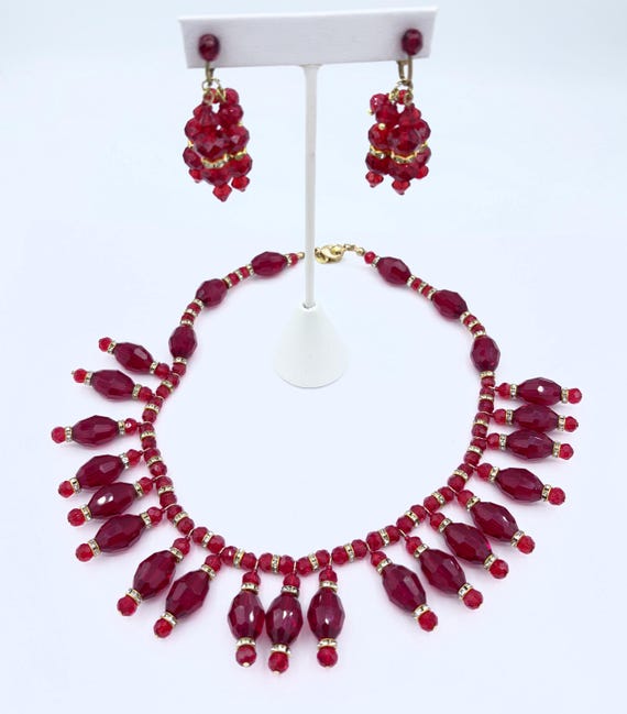 2 Pc Matching Set Signed Anka Ruby-Red Beaded Rhi… - image 2