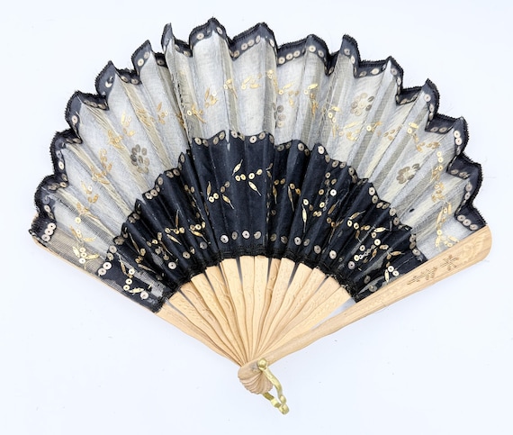 Black and Gold Antique 1800s Hand Fan with Wooden Sticks & Gold Spangles