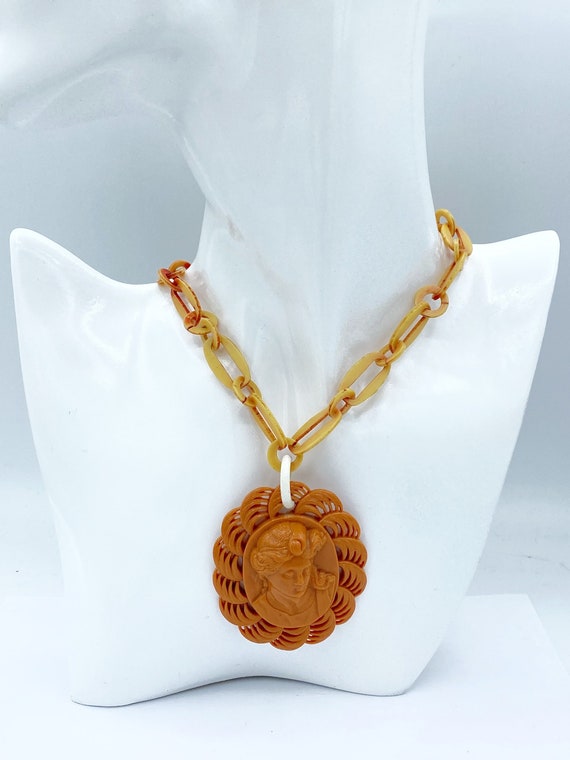 Carved Celluloid Faux Coral Cameo Necklace & Chain