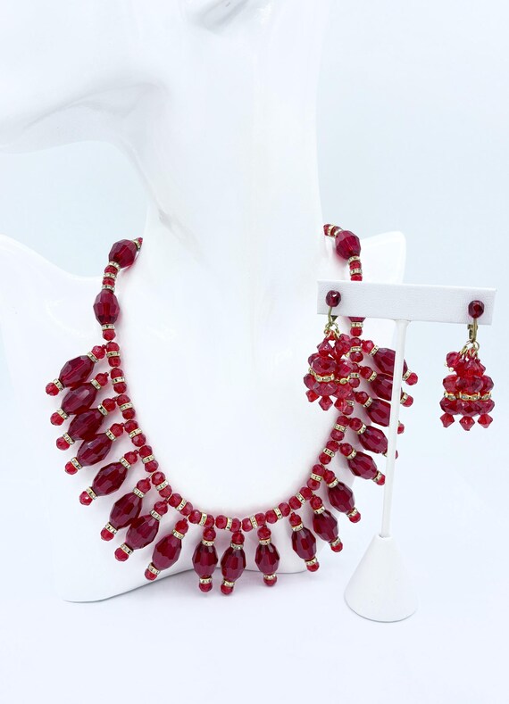 2 Pc Matching Set Signed Anka Ruby-Red Beaded Rhi… - image 1