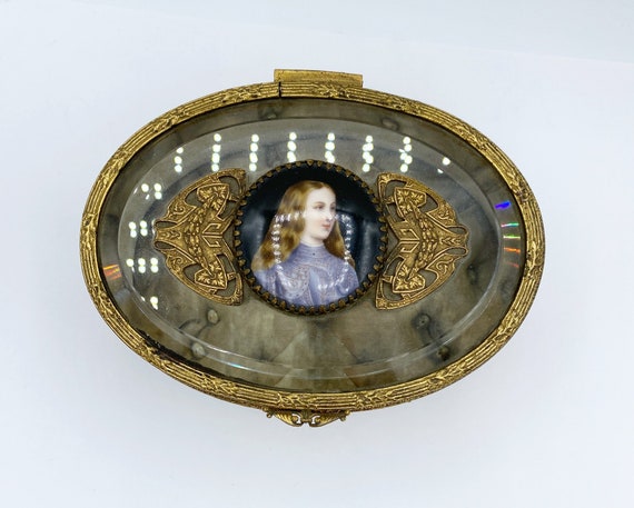 Antique French Footed Ormolu Jewelry Box Portrait… - image 1