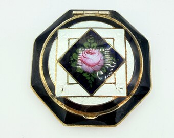 FMCo Black & Purple Guilloche Enamel w/ Pink Roses Powder and Rouge Compact