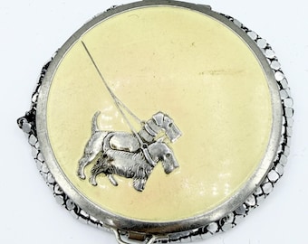 Vintage Pale Yellow Celluloid Scotty Dog Powder Compact