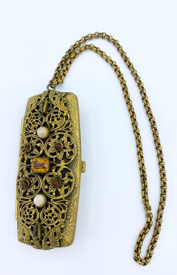 Antique Art Nouveau Gold-Tone Filigree & Jeweled C