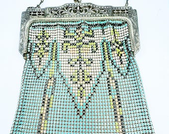 Art Deco Whiting & Davis Enamel Turquoise Coral Mesh w/ Silver-Tone Frame
