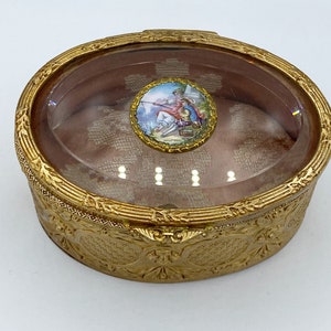 Antique French Bronze Dore Ormolu Jewelry Box Porcelain Scene of Woman & Boy Beveled Glass