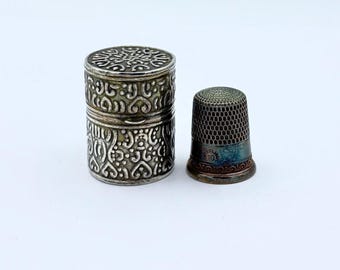 Ornate Antique Sterling Silver Chatelaine Thimble Holder/Case & Simons Thimble