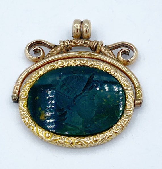 Antique Gold Filled Carved Intaglio Bloodstone Sw… - image 1