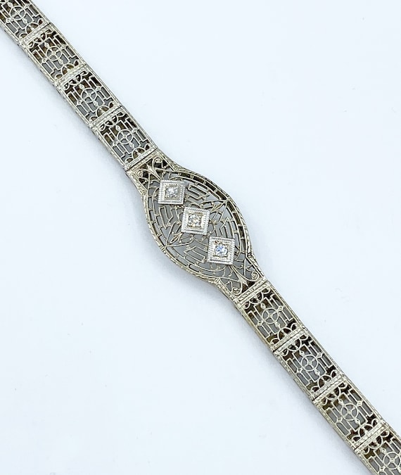 Antique 14k White Gold Filigree Diamond Bracelet