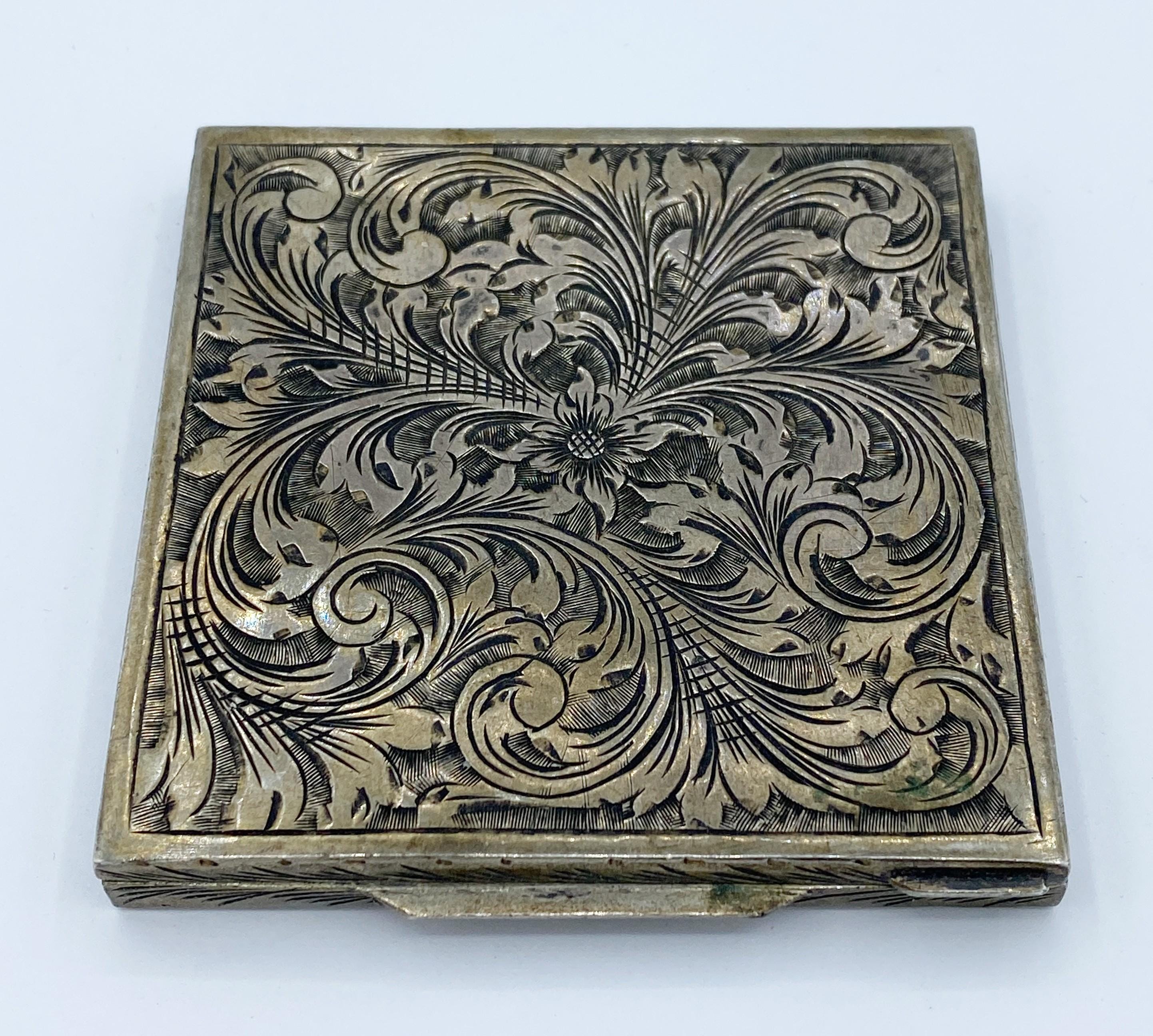 アンティーク　コンパクト　シルバー製　パウダーケース フランスアンティーク | 鳥とヤドリギのパウダーケース（シルバー