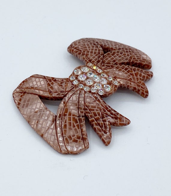 Vintage Celluloid and Rhinestone Bow Pin - image 2