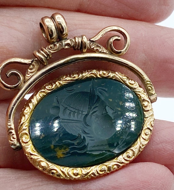 Antique Gold Filled Carved Intaglio Bloodstone Sw… - image 4