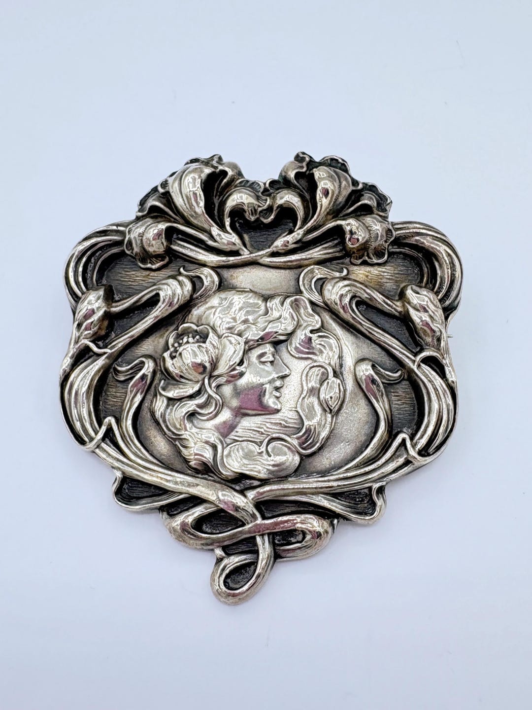 Large Antique Art Nouveau Unger Brothers Ophelia? Sterling Pin W/ Woman ...