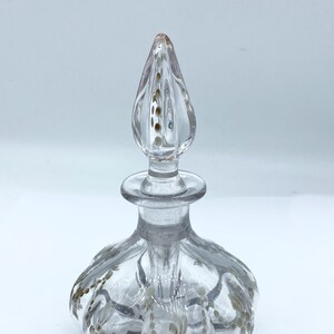 Antique Clear Glass Signed Steuben Perfume Bottle w/ Etched Gold Floral Bands