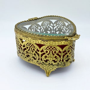 Antique Heart Filigree Jewelry Casket Trinket Box w Clear Beveled Glass