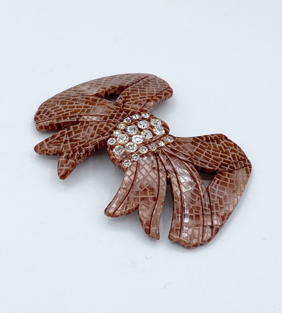 Vintage Celluloid and Rhinestone Bow Pin - image 3