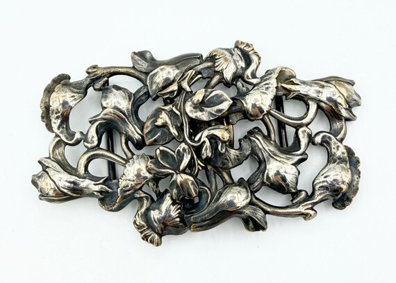Antique Art Nouveau Sterling Silver 2 Piece Floral Poppies Buckle