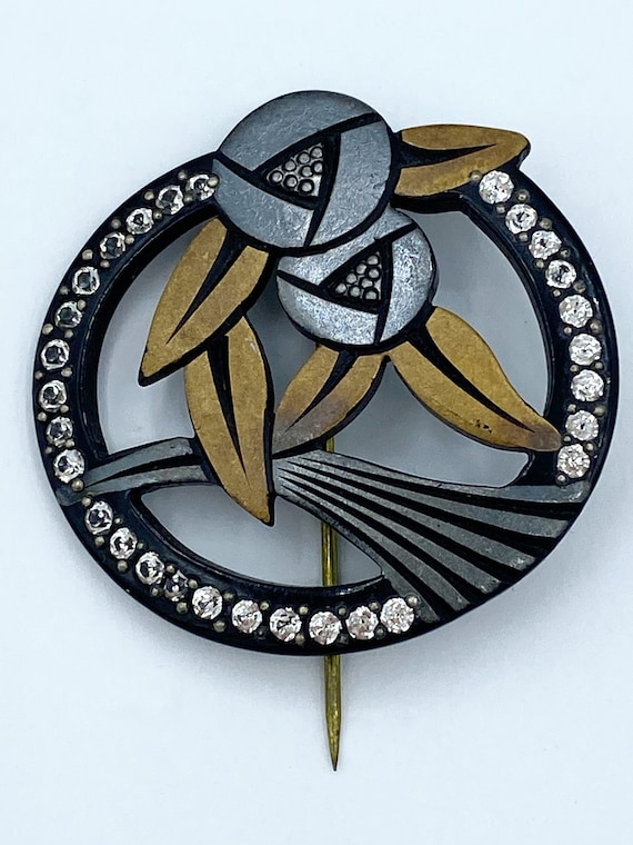 1920s Art Deco Black Silver & Gold Celluloid Hatpin W/ Clear  display picture 3