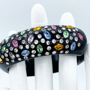Vintage Unsigned Weiss Multi-Colored Rhinestone Black Clamper Bracelet