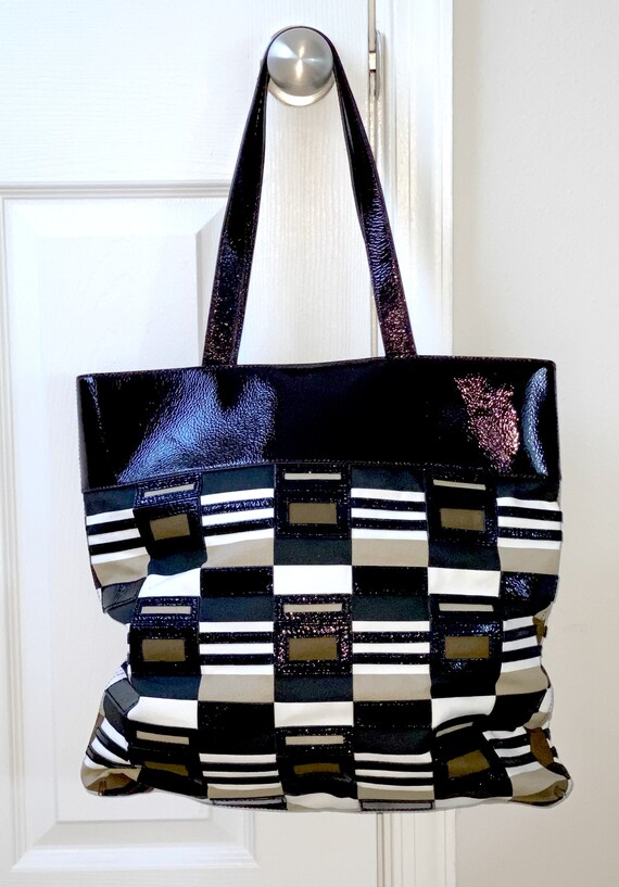 Large Tory Burch Black Cream & Tan Canvas and Leather Tote W/ - Etsy