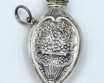 Vintage Heart Sterling Silver Chatelaine Perfume Bottle w/ Vase of Flowers