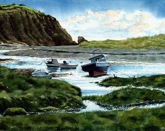 Low Tide in Dungarvan - Faithful reproduction of my Original Watercolor utilizing archival quality paper & inks, 11.25"x18"