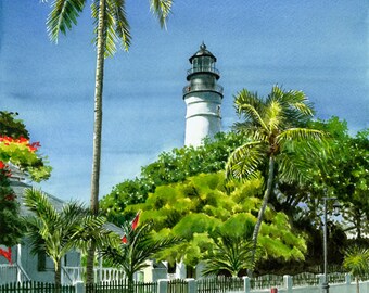 Key West Lighthouse - Faithful reproduction of my Original Watercolor utilizing archival quality paper & inks, 17"x12"
