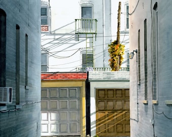 Bay Ridge Alley - Faithful reproduction of my Original Watercolor utilizing archival quality paper & inks, 15.25"x12"