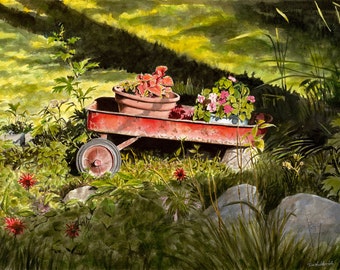 Flower Wagon - Faithful reproduction of my Original Watercolor utilizing archival quality paper & inks, 12"x16"