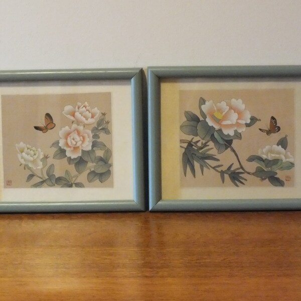 2 chinesische asiatische Künstler signiert Tusche und Aquarell Schmetterling und Blume Gemälde Seiden Matten