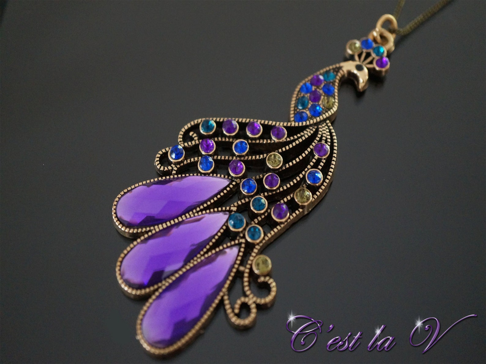 Peacock Necklace Peacock Pendant Peacock Jewelry Jeweled Peacock Brass