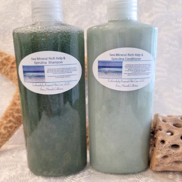 Sea Mineral Rich Kelp & Spirulina Shampoo/Conditioner Set - Magnesium, Potassium, Bromide, Iodine, Zinc, Calcium,  Volume, Healthy Shine