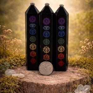 Black Obsidian Chakra Engraved Crystal Tower | 7 Chakra Point, Protection, Grounding, Meditation Tool