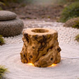 May include: A wooden stump-shaped lamp with a circular opening at the top. The lamp has a natural wood grain and is illuminated from within, emitting a warm light. A white power cable extends from the base. The lamp is placed on a bed of sand.