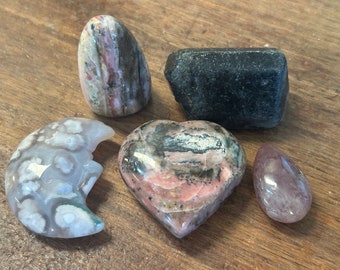 5 Piece Crystal Collection | Everything Pictured! | Black Tourmaline, Pink Opal, Flower Agate, Purple Rose Quartz | C7