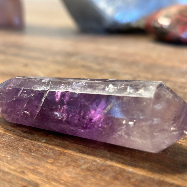 Rare 3.5" Long 12 Sided Vogel Cut Double Terminated Amethyst Point with Rainbows | C92