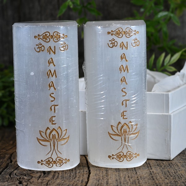 Pair of 4" Selenite Engraved Namaste Pillars | Solid Selenite Cylinders